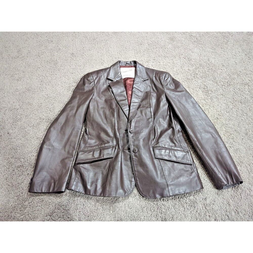 Clipper Mist Vintage Womens Leather Blazer Brown Collared Jacket Sleek Large